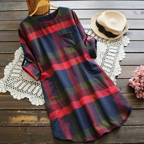 Long sleeve loose check shirt dress   长袖宽松格子衬衫连衣裙
