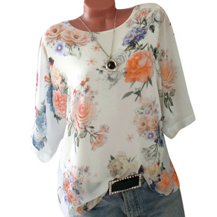 ullover Tops Shirt womens tops and blouses宽松印花大圆领半袖