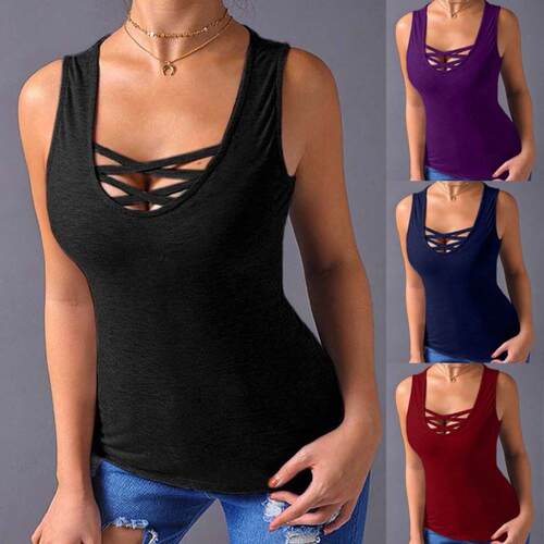 Cross-Breasted Body-Tie Sleeveless T-Shirt   交叉露胸紧身T恤