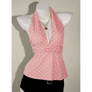V领波点挂脖露背上衣 polka dot halter strap with exposed back