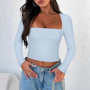 Square collar exposed navel solid color top 方领露脐纯色上衣