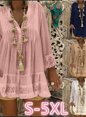 Womens Tops Blouses 2022 Spring Summer Tops蕾丝拼接宽松长袖