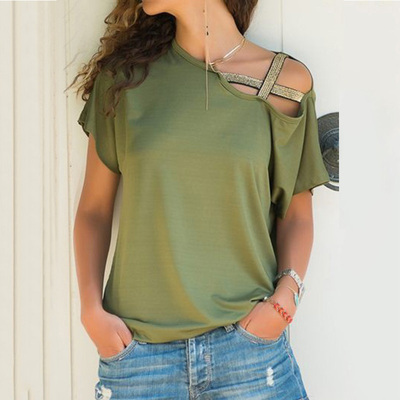 Tops One Shoulder Summer Shirt Hollow Plus Size斜肩交叉T恤女