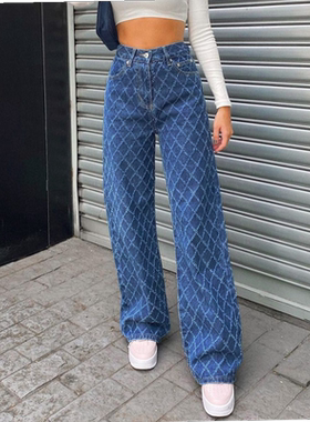 plaid vertical straight pants high waist casual jeans 2021女