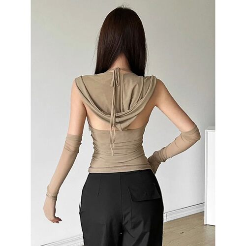 Solid color slim fit hooded backless top纯色修身连帽露背上衣