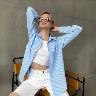 女士多色条纹开衫衬衫长袖宽松慵懒风松弛感上衣女women's blouse