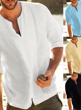 Slitting Hem Cotton Linen T-shirt Top pullover mens Clothing