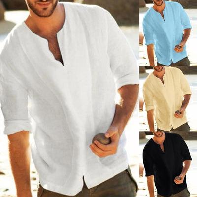 Slitting Hem Cotton Linen T-shirt Top pullover mens Clothing