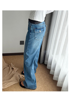 【林小雅】超显瘦 高腰蓝色窄版弹力直筒牛仔裤女春季显瘦长裤