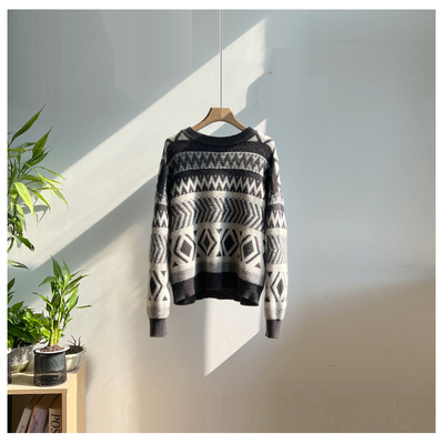 林小雅 轻奢慵懒调绵羊毛+羊驼毛氛围感菱形提花圆领宽松软糯毛衣