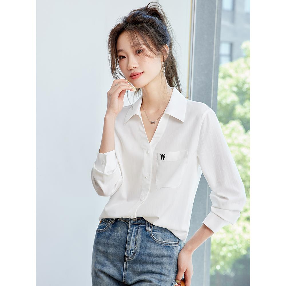 JOYIASS白衬衫简约刺绣翻折V领上衣女秋季2025新款气质百搭显瘦长