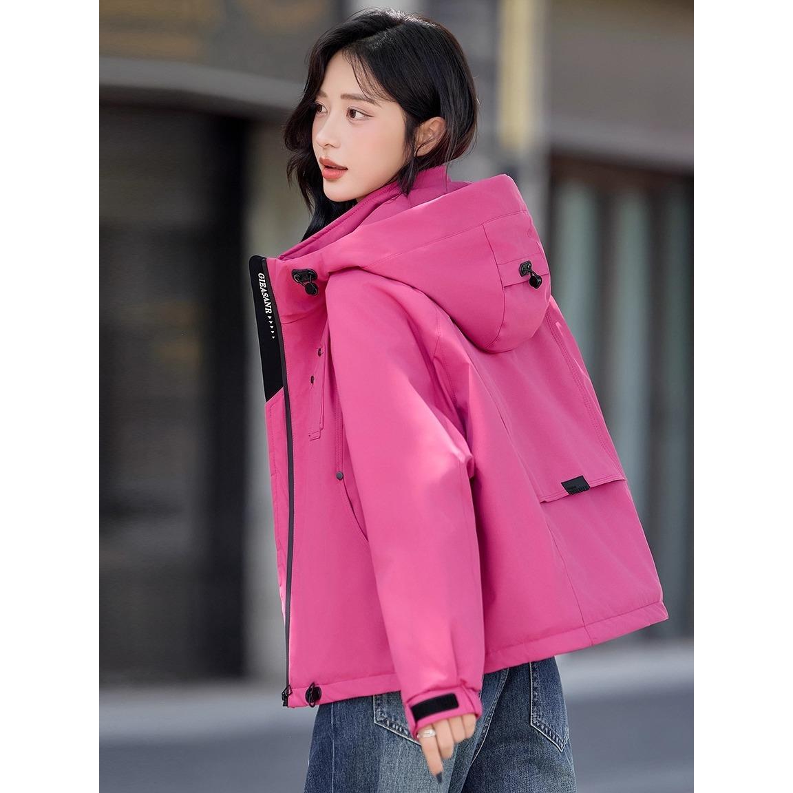 JOYIASS玫红色休闲加外套女2025秋冬新款小个子连帽冲锋衣宽松洋