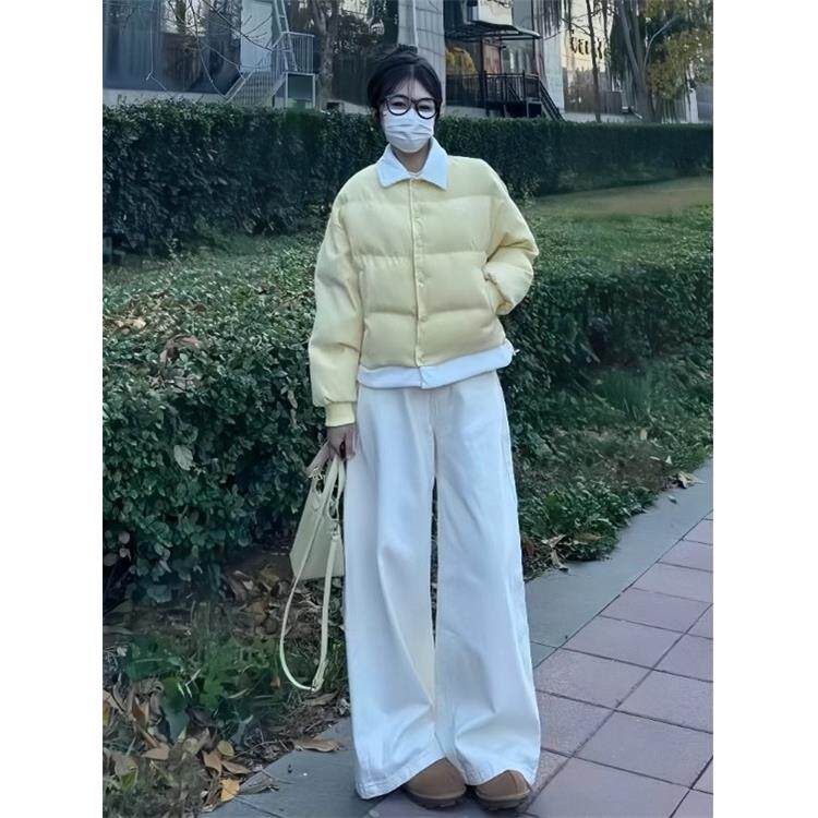JOYIASS奶黄色假两件服女秋冬小个子短款加厚衣外套牛仔裤两件套