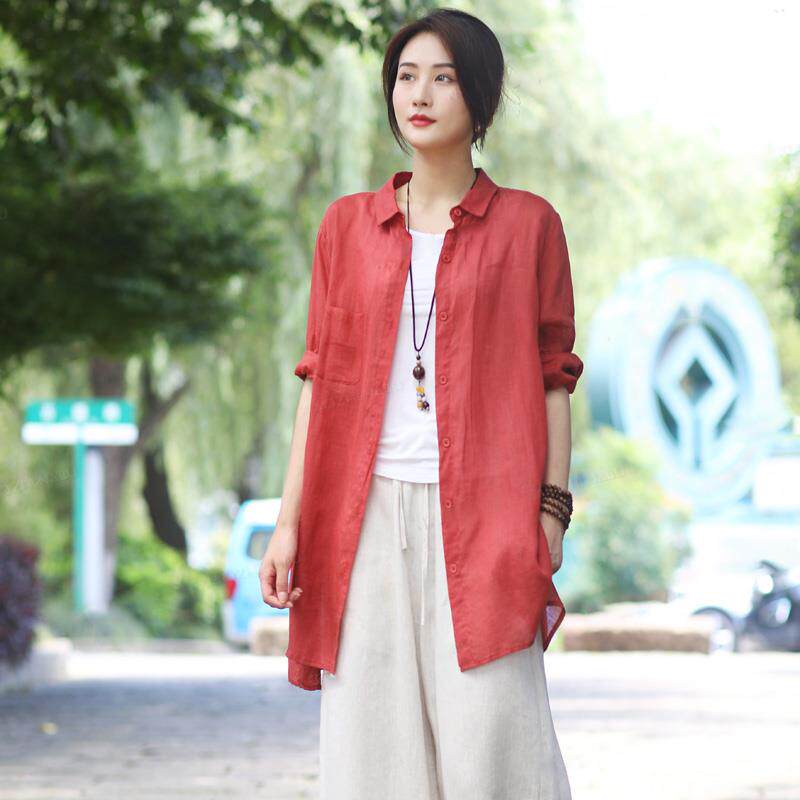 RIERA2025春秋新款苎麻衬衫大码文艺复古女装休闲显瘦纯色中长款