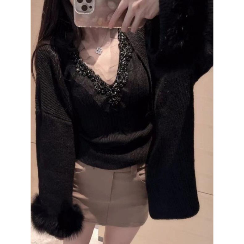 JOYIASS韩系千金名媛穿搭套装女秋冬重工镶钻针织毛衣开衫吊带背