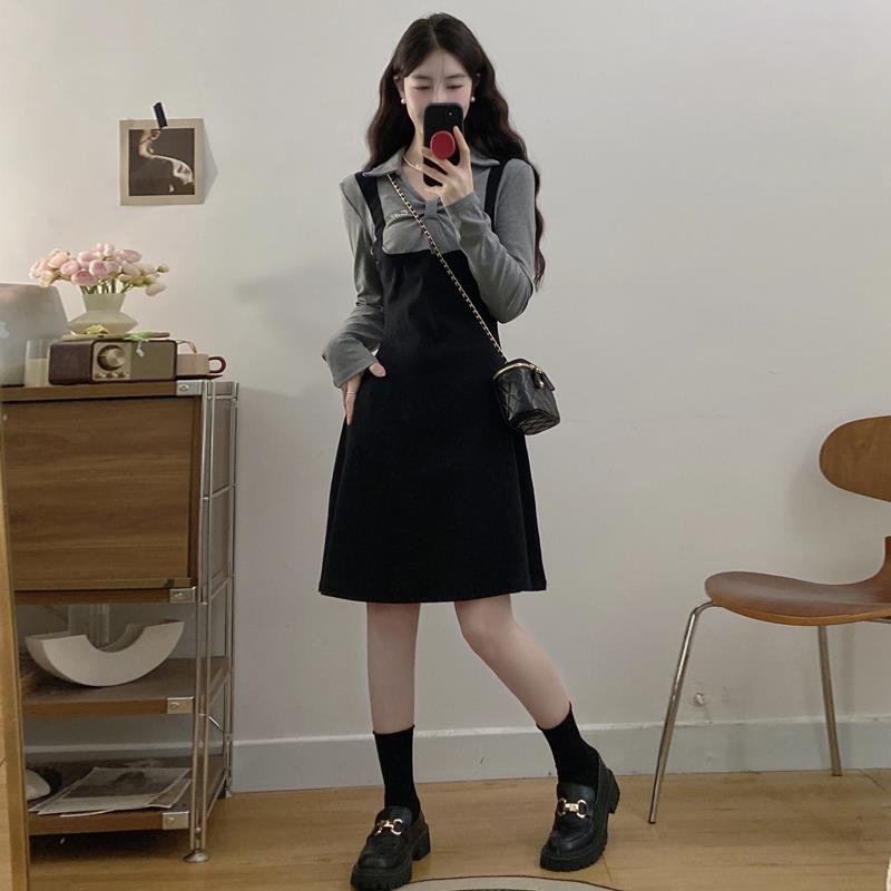 JOYIASS春秋法式新款长袖假两件加绒连衣裙大码胖mm遮肚藏肉显瘦