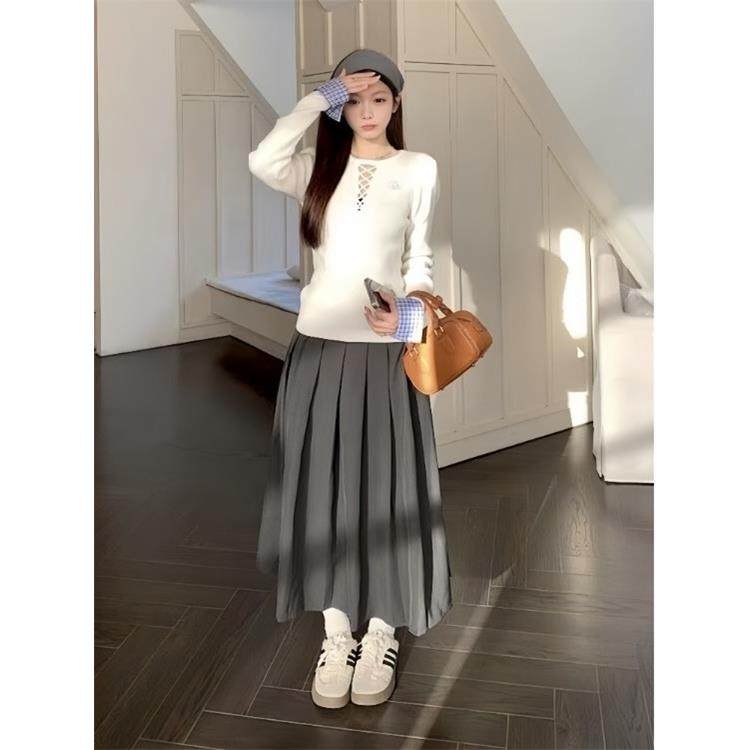 JOYIASS学院风韩系慵懒穿搭套装裙女秋冬白色毛衣针织衫上衣百褶