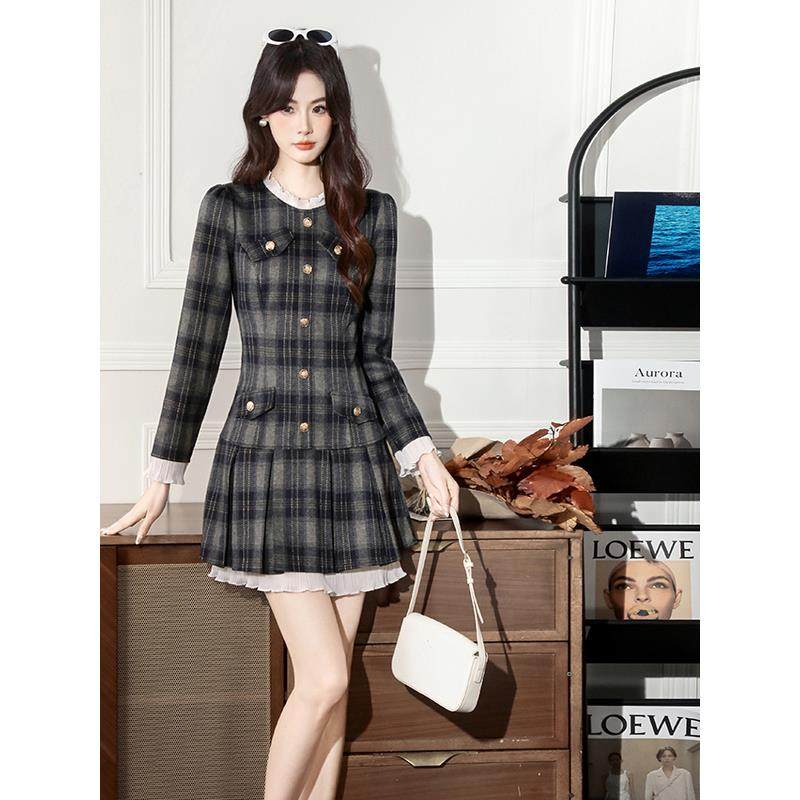 JOYIASS法式高级感格纹长袖连衣裙女秋冬甜美减龄小个子别致独特A