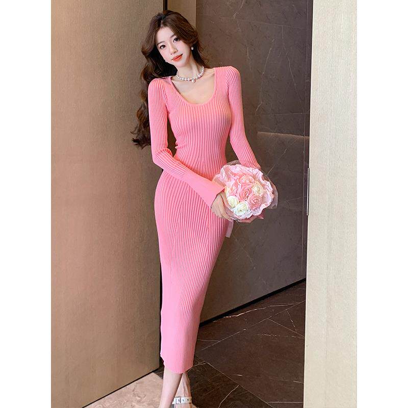 JOYIASS高级感内搭长袖针织毛衣连衣裙女秋冬V领优雅感纯欲打底包