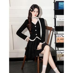 JOYIASS富家千金miu系穿搭套装裙女秋冬小香风亮闪长袖上衣百褶裙