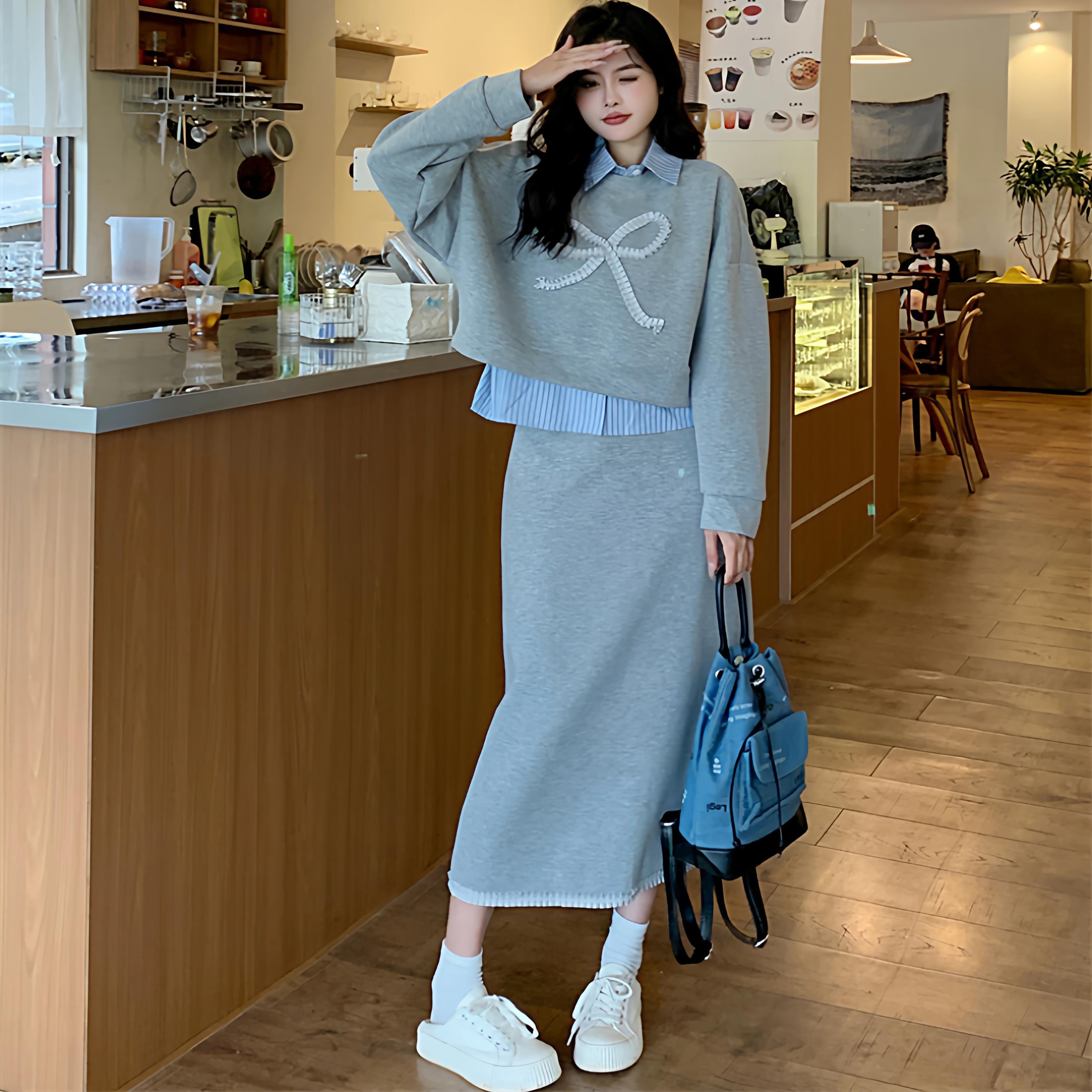 JOYIASS早春初秋大码假两件长袖卫衣高腰半身裙两件套胖妹妹显瘦