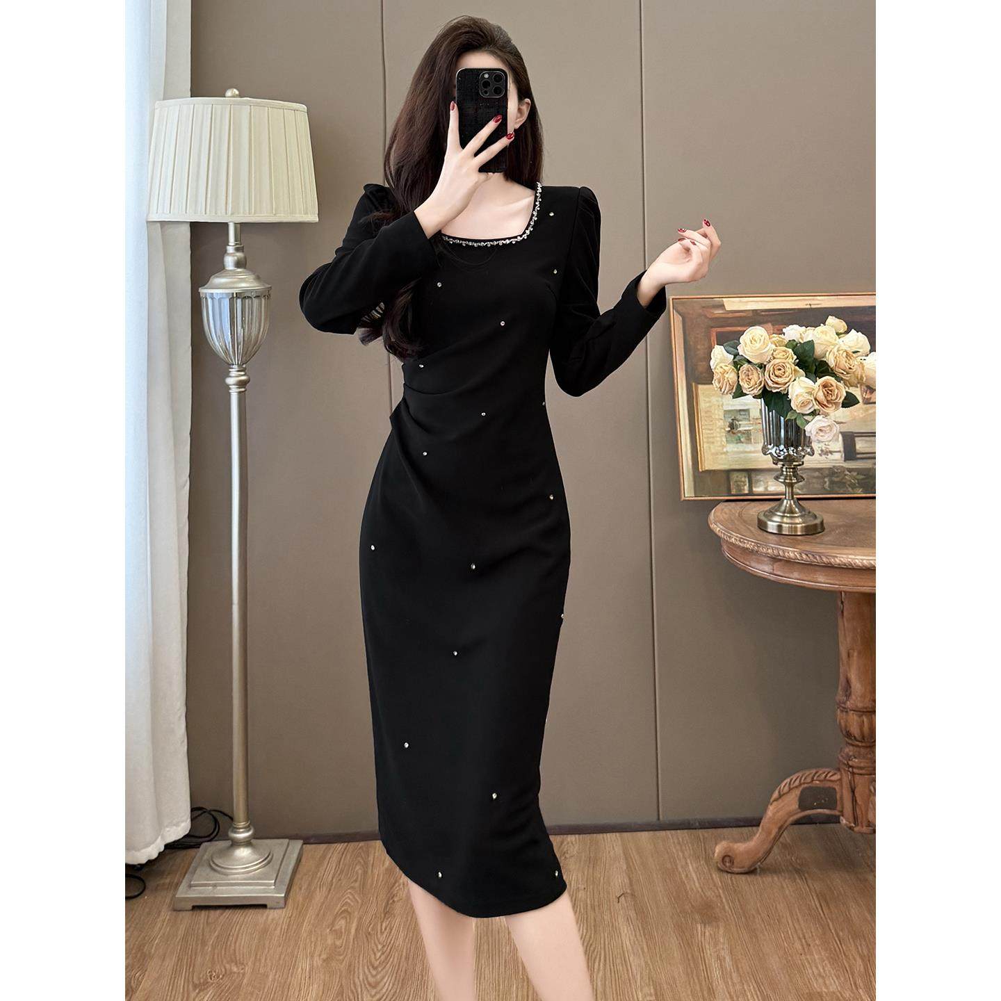 JOYIASS高级感赫本风长袖连衣裙女秋冬内搭打底重工钉钻修身显瘦