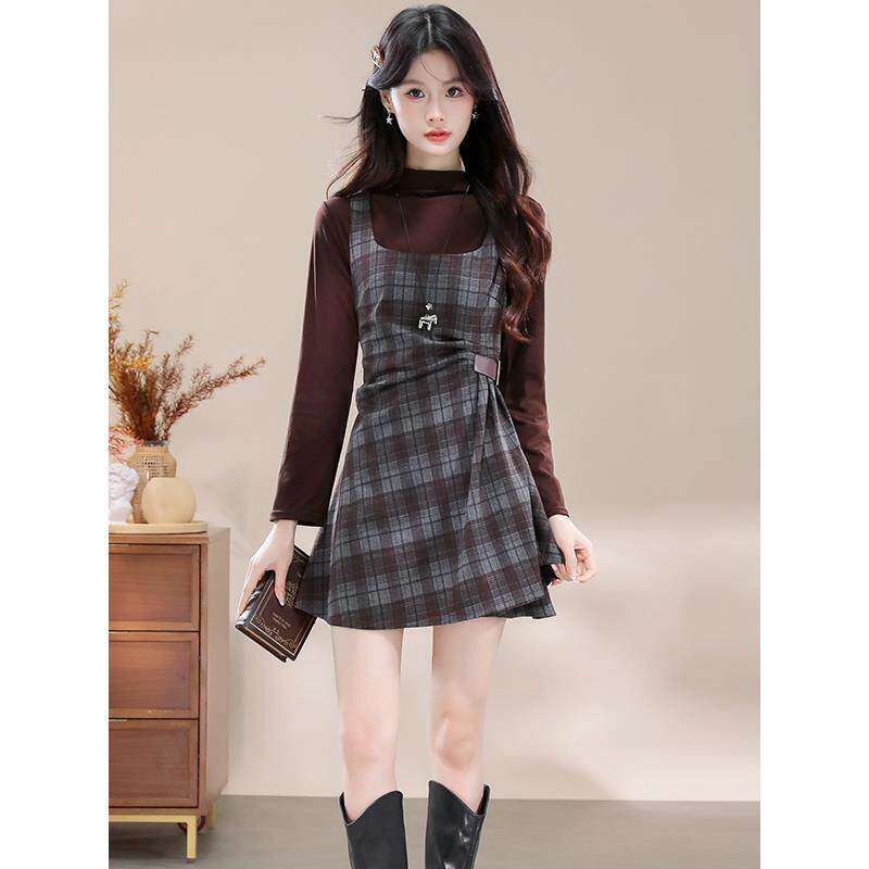 JOYIASS覆古格纹无袖背心裙打底衫两件套女秋冬韩系穿搭时尚减龄