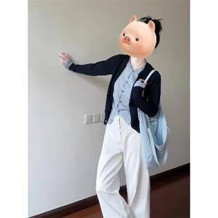 JOYIASS学院小香风蓝色针织开衫套装女秋冬宽松毛衣外套阔腿裤韩