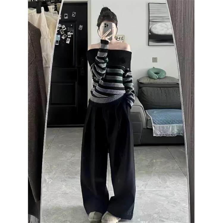 JOYIASS设计感盐系穿搭套装女秋冬黑色一字肩条纹毛衣西装阔腿裤