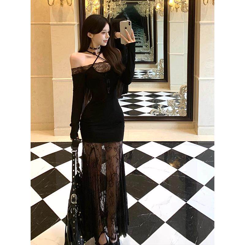 JOYIASS性感黑色蕾丝长袖连衣裙女秋季纯欲高级感生日晚礼服包臀