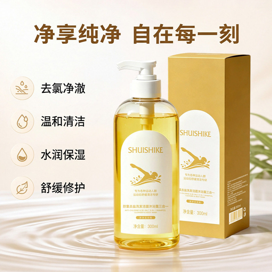 游泳运动版防氯去盐沐浴露洗发水洁面三合一运动舒缓清洁专研厂家