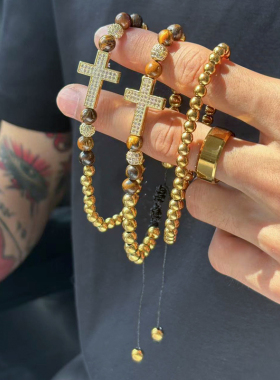 欧美金色十字架圆珠手链