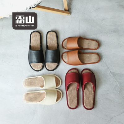 霜山日式牛皮亚麻凉拖鞋