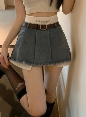 白色内搭拼接牛仔 褶皱半身裙 White with patchwork denim skirt