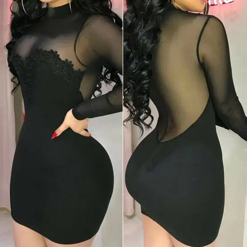 半透明晚礼服网纱长袖连衣裙 Sheer Mesh Long Sleeve Dress