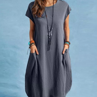 Loose Casual Solid Color Pocket Dress短袖宽松 纯色口袋连衣裙