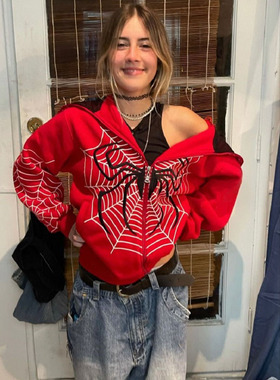 Spider print long-sleeved hoodie春秋季红色蜘蛛印花长袖连帽衫
