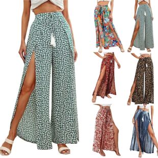度假系带腰开叉阔腿裤 lace-up waist high slit wide leg pants
