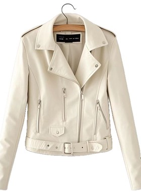 纯色修身腰带皮衣外套  Solid-color fitted belt leather jacket