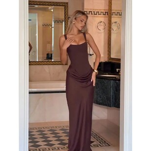 纯色鱼骨吊带包臀长款连衣裙Fishbone Solid Bodycon Long Dress