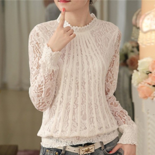 women's hollow lace bottoming shirt女士百搭镂空蕾丝打底衫秋