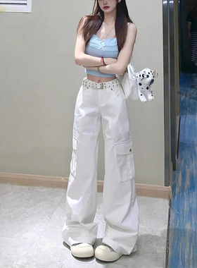 百搭休闲薄款白色拖地工装裤Thin white floor-length work pants