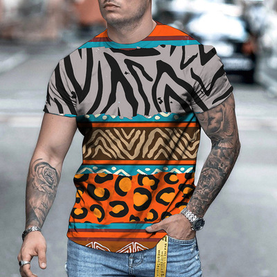 条纹拼接3D印花男士T恤