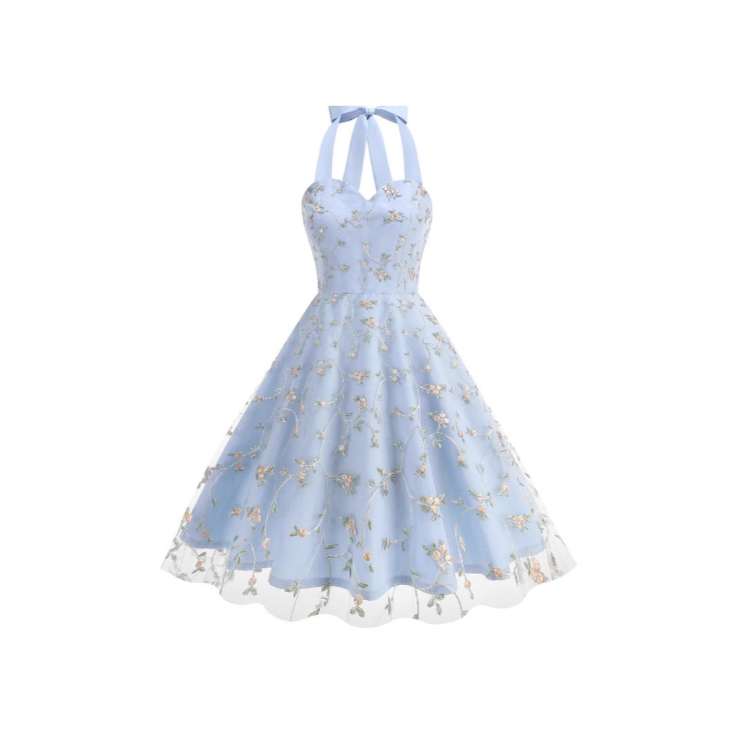 无袖吊带网纱优雅绣花连衣裙 Elegant Embroidery Dress