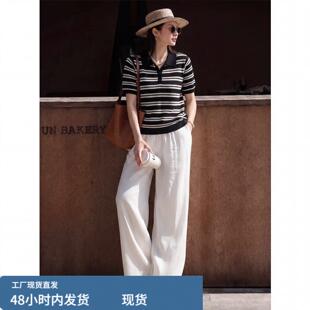老钱风黑白条纹冰丝针织短袖T恤女夏季洋气法式高级感polo衫上衣