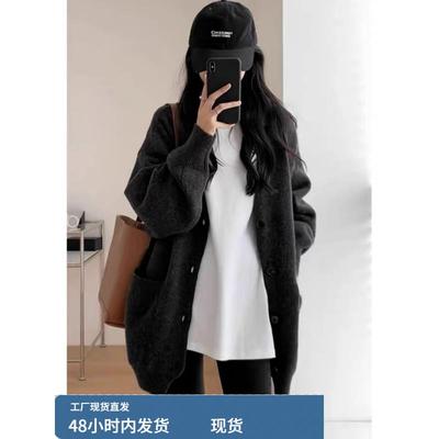 欧洲站中长款带兜100纯羊绒开衫女秋冬慵懒宽松外套休闲羊毛大衣