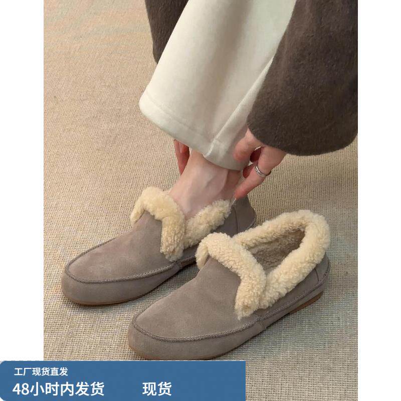 牛皮款~真皮一脚蹬勃肯乐福鞋女毛毛鞋保暖单鞋豆豆鞋加绒雪地靴