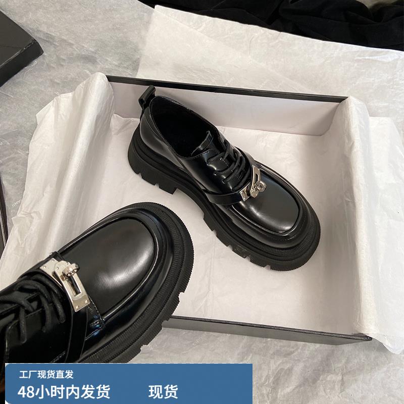 乐福鞋女2023新款单鞋英伦风休闲真皮圆头系带锁扣松糕厚底小皮鞋