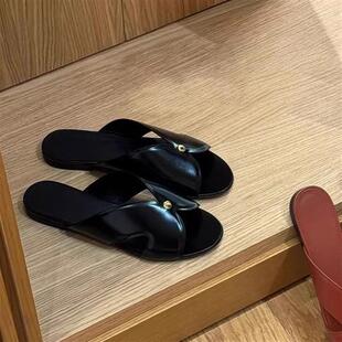 圆头小金豆平底鞋 法式 外穿休闲百搭一脚蹬拖鞋 真皮凉拖鞋 复古新款