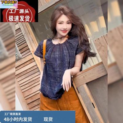 格子短袖衬衣女款2025新款爆款夏季设计感超好看气质女士上衣衬